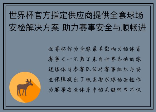 世界杯官方指定供应商提供全套球场安检解决方案 助力赛事安全与顺畅进行 世界杯官方指定供应商提供全套球场安检解决方案 助力赛事安全与顺畅进行