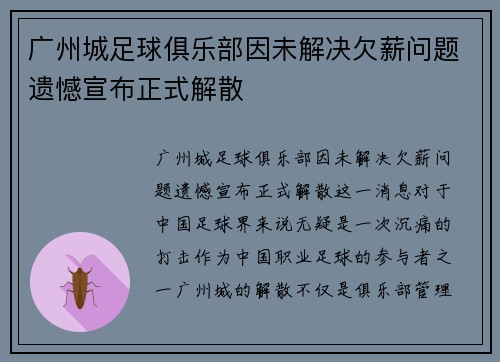 广州城足球俱乐部因未解决欠薪问题遗憾宣布正式解散